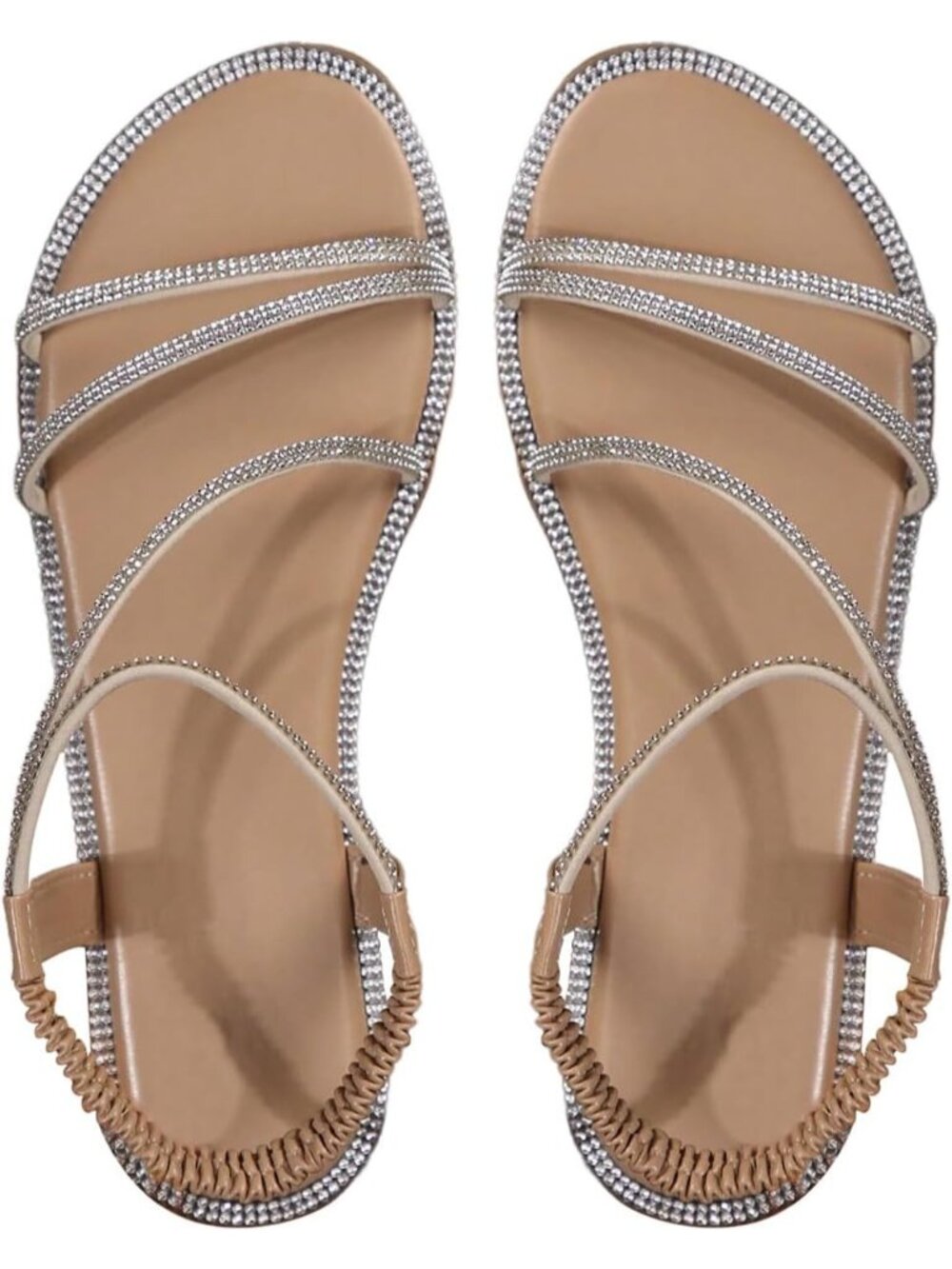 Women's Beige Summer Glitter Open Toe Sparkly Rhinestone Slides Flat Sandals